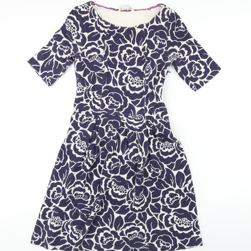 Boden Womens Blue Floral Cotton A-Line Size 10 Round Neck Zip
