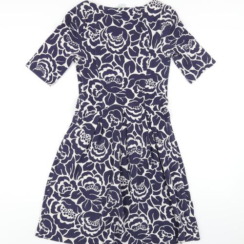 Boden Womens Blue Floral Cotton A-Line Size 10 Round Neck Zip