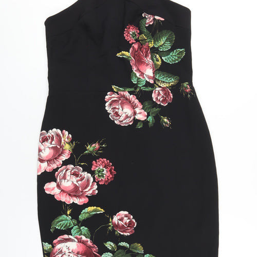 Oasis Womens Black Floral Polyester Bodycon Size 12 V-Neck Zip