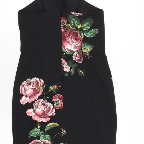 Oasis Womens Black Floral Polyester Bodycon Size 12 V-Neck Zip