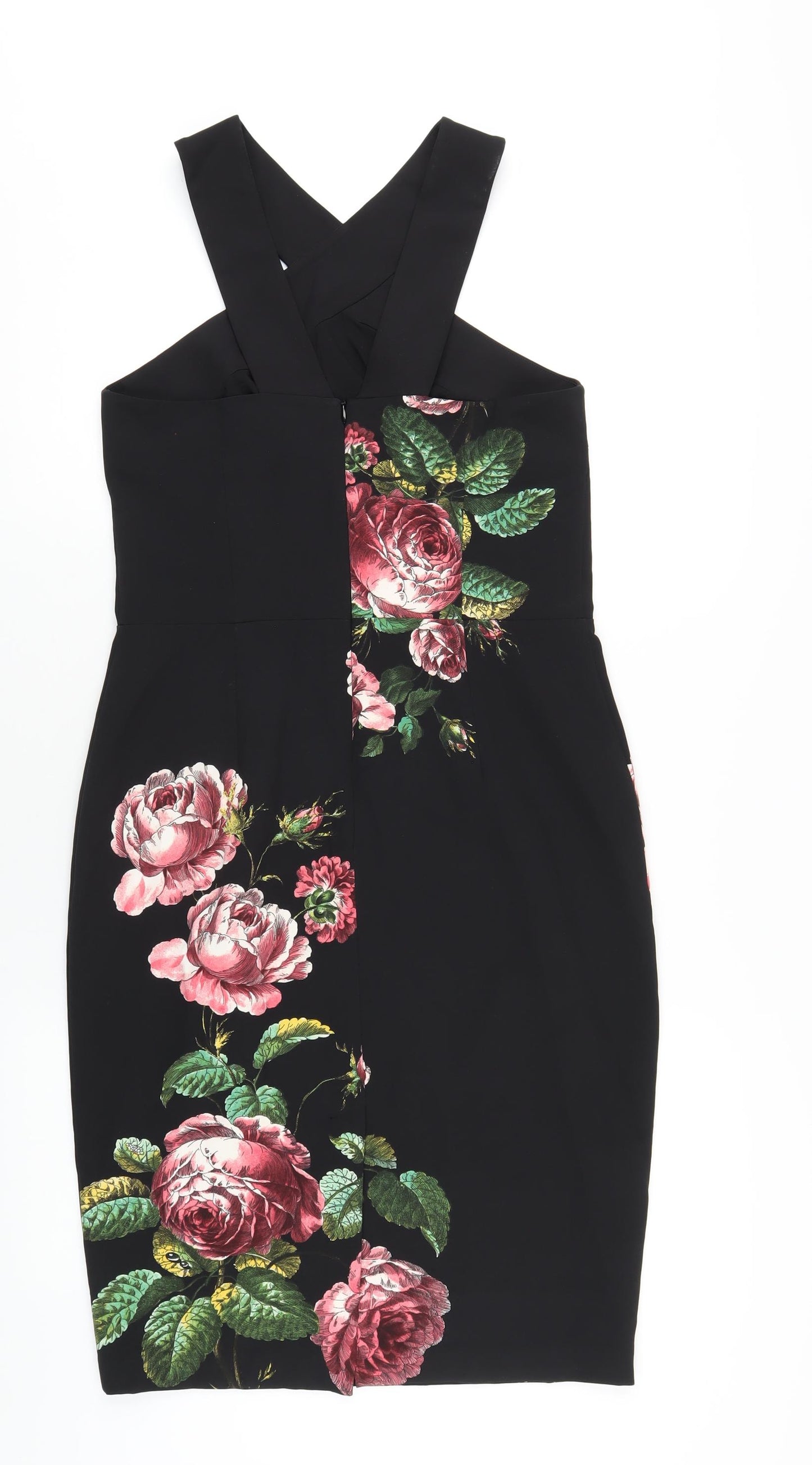 Oasis Womens Black Floral Polyester Bodycon Size 12 V-Neck Zip