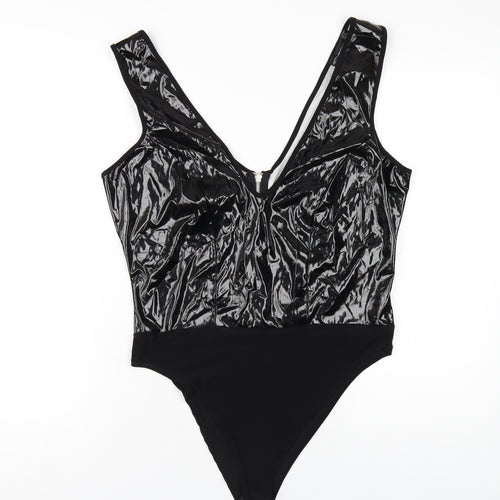 PRETTYLITTLETHING Womens Black Patent Leather Bodysuit One-Piece Size 16 Zip