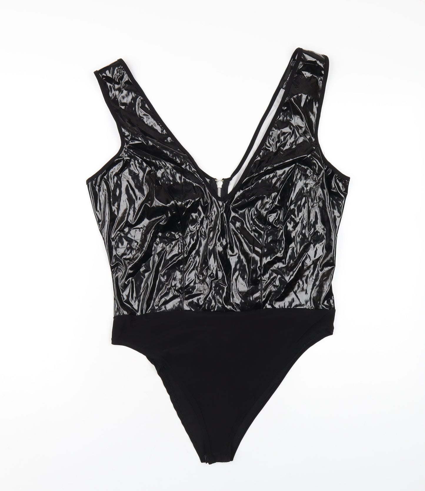 PRETTYLITTLETHING Womens Black Patent Leather Bodysuit One-Piece Size 16 Zip