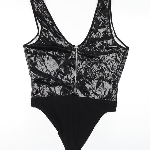 PRETTYLITTLETHING Womens Black Patent Leather Bodysuit One-Piece Size 16 Zip
