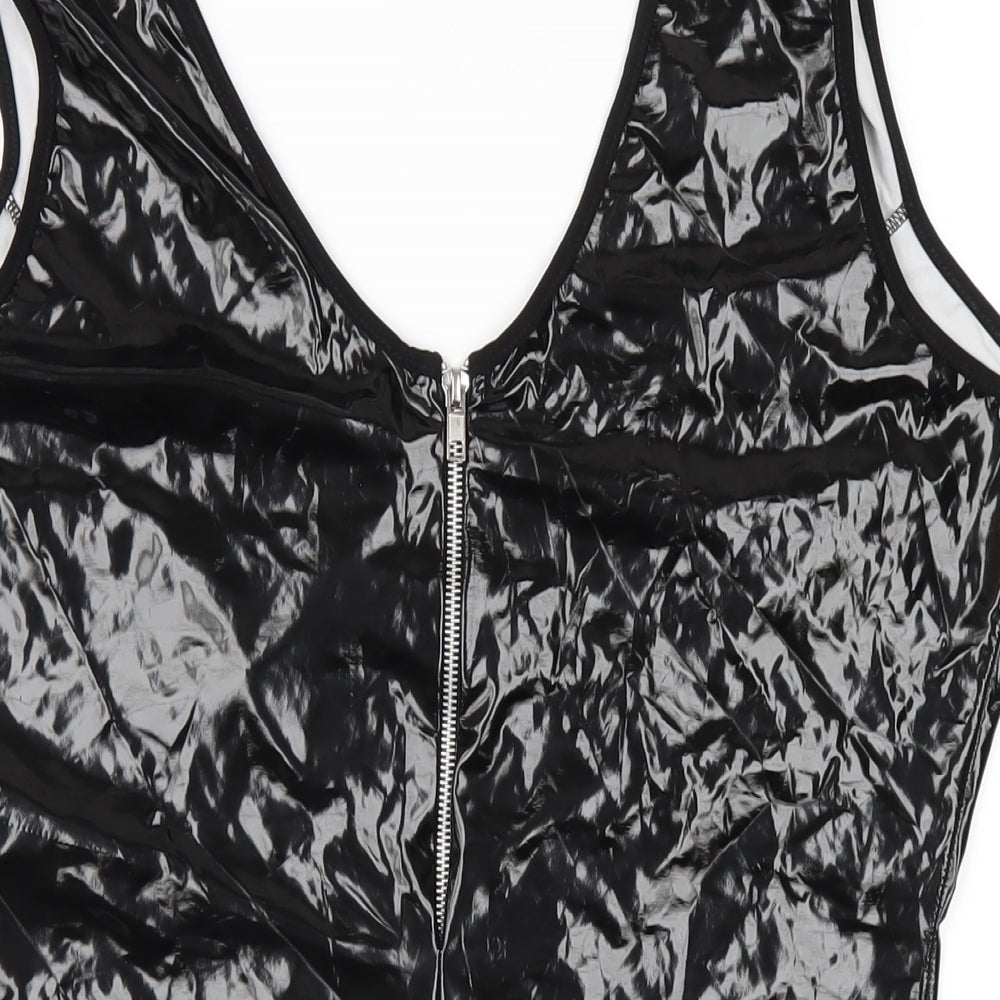 PRETTYLITTLETHING Womens Black Patent Leather Bodysuit One-Piece Size 16 Zip