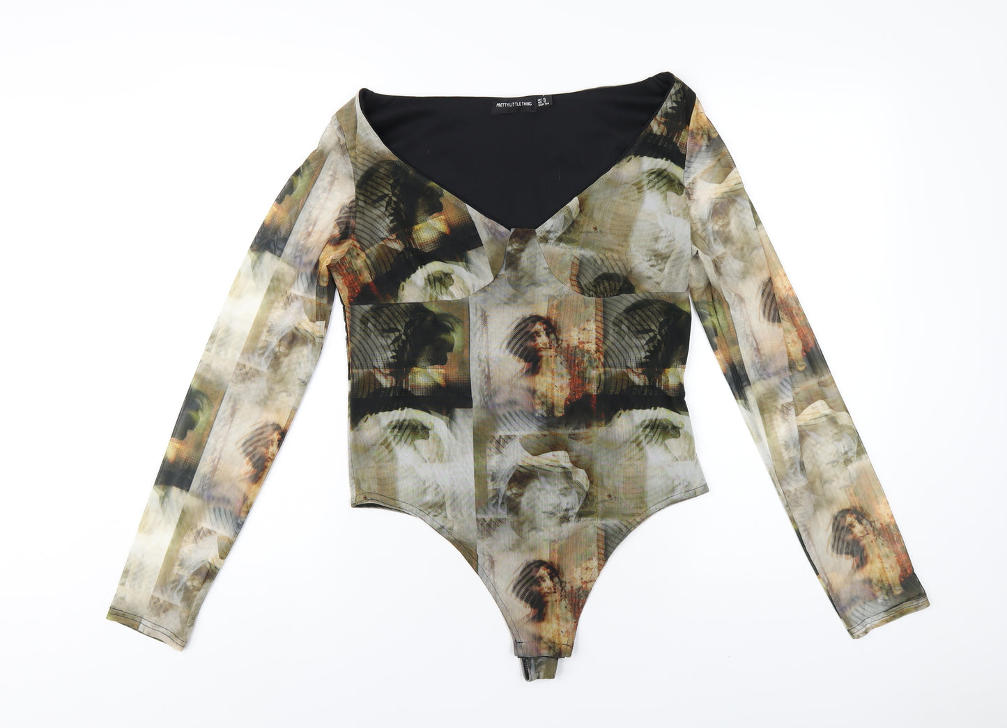 PRETTYLITTLETHING Womens Multicoloured Geometric Polyester Bodysuit One-Piece Size 16 Snap