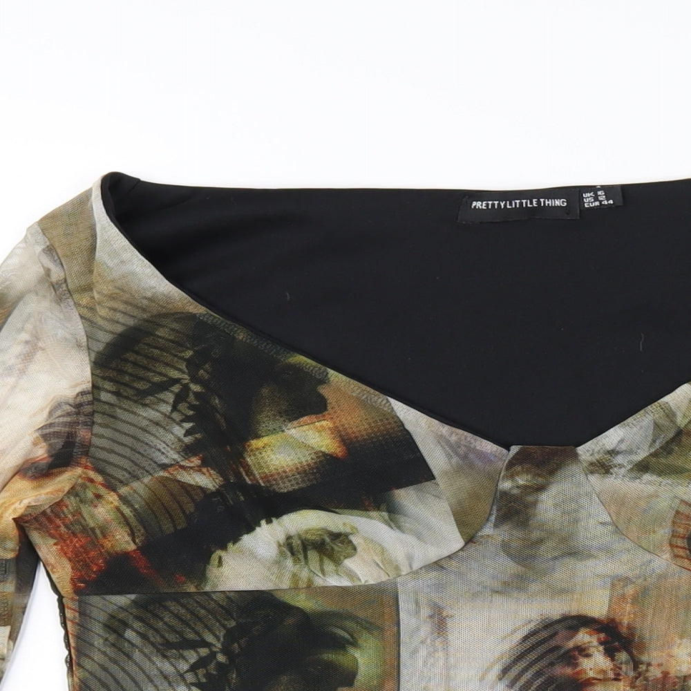 PRETTYLITTLETHING Womens Multicoloured Geometric Polyester Bodysuit One-Piece Size 16 Snap