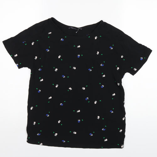 Marks and Spencer Womens Black Geometric Viscose Basic T-Shirt Size 8 Round Neck