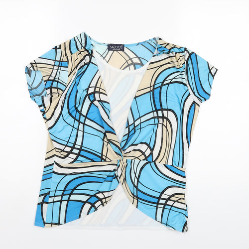 Saloos Womens Blue Geometric Polyester Basic T-Shirt Size M Round Neck