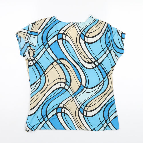 Saloos Womens Blue Geometric Polyester Basic T-Shirt Size M Round Neck