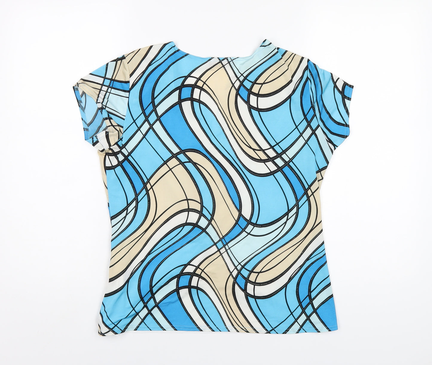 Saloos Womens Blue Geometric Polyester Basic T-Shirt Size M Round Neck