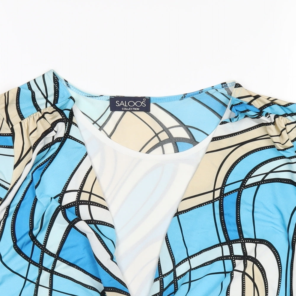 Saloos Womens Blue Geometric Polyester Basic T-Shirt Size M Round Neck