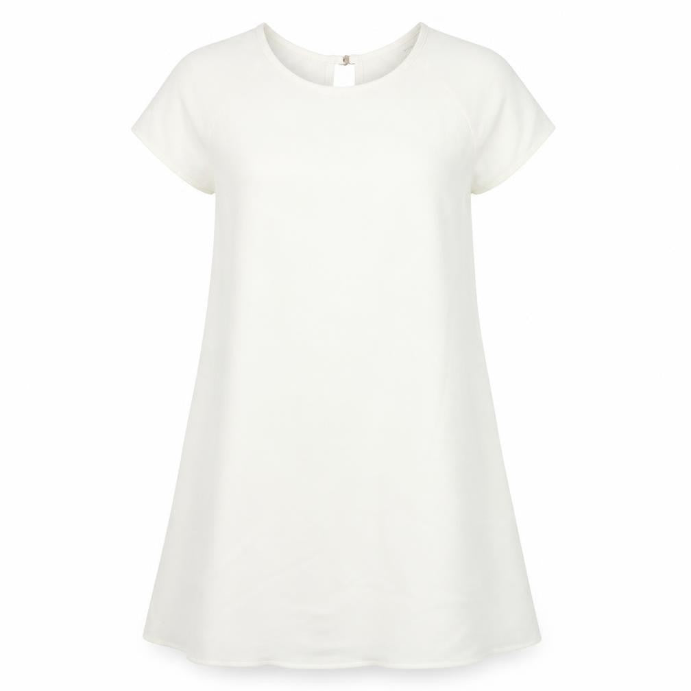 Front view of River Island women’s ivory polyester a-line, size UK 14, round neck buckle
