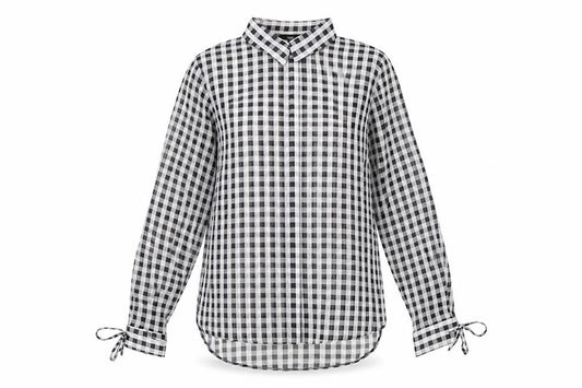 Front view of Next women’s grey check polyester basic button-up, size UK 12, collared