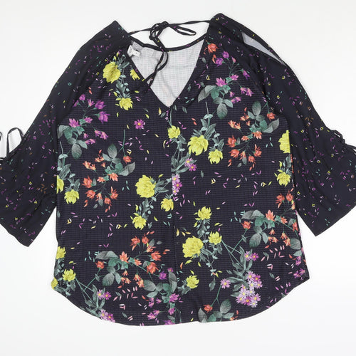 NEXT Womens Blue Geometric Polyester Basic Blouse Size 16 Round Neck - Bow Sleeve Cut Out Floral Print
