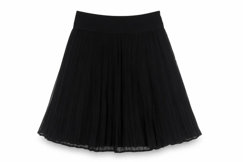 Front view of Planet women’s black polyester pleated skirt, size UK 8, zip