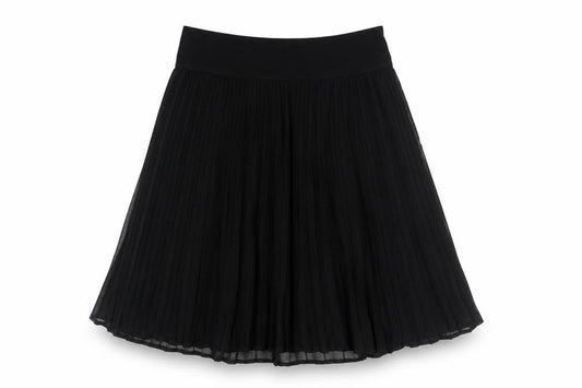 Front view of Planet women’s black polyester pleated skirt, size UK 8, zip