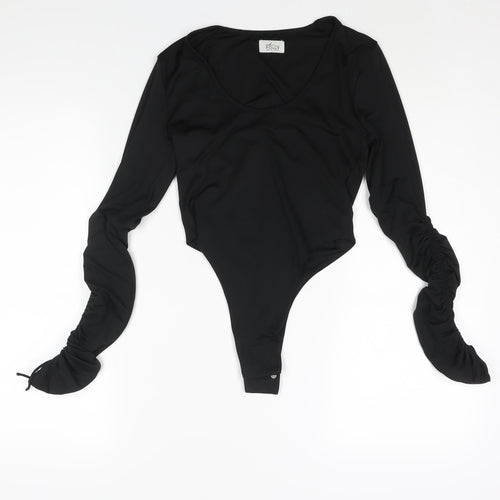 Oh Polly Womens Black Polyester Bodysuit One-Piece Size 8 Snap - Drawstring Sleeves