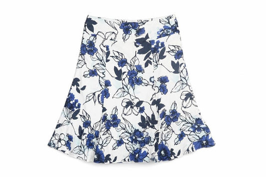 Front view of CMD women’s blue floral polyester trumpet skirt, size UK 34, in zip