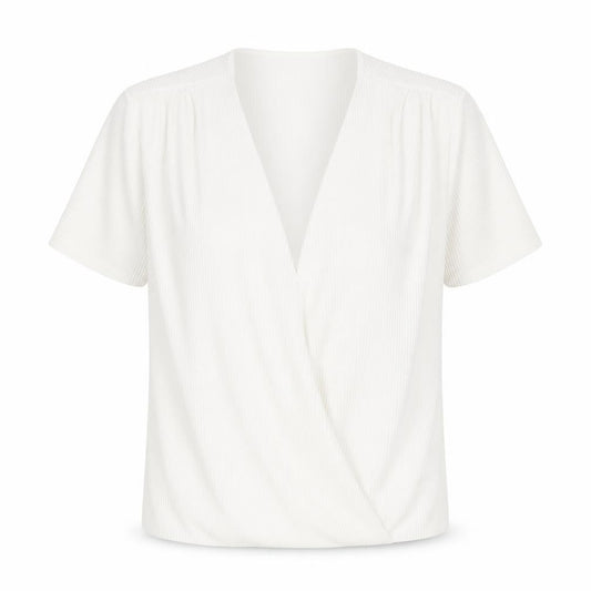 Front view of Pimkie women’s white polyester basic blouse, size M, v-neck - plisse
