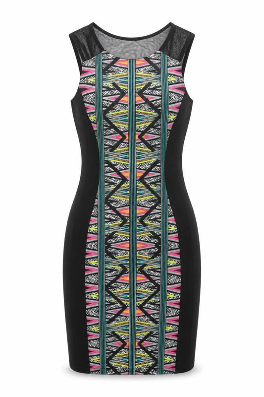 Front view of Awear women’s black polyester bodycon, size UK 10, round neck pullover - geometric print