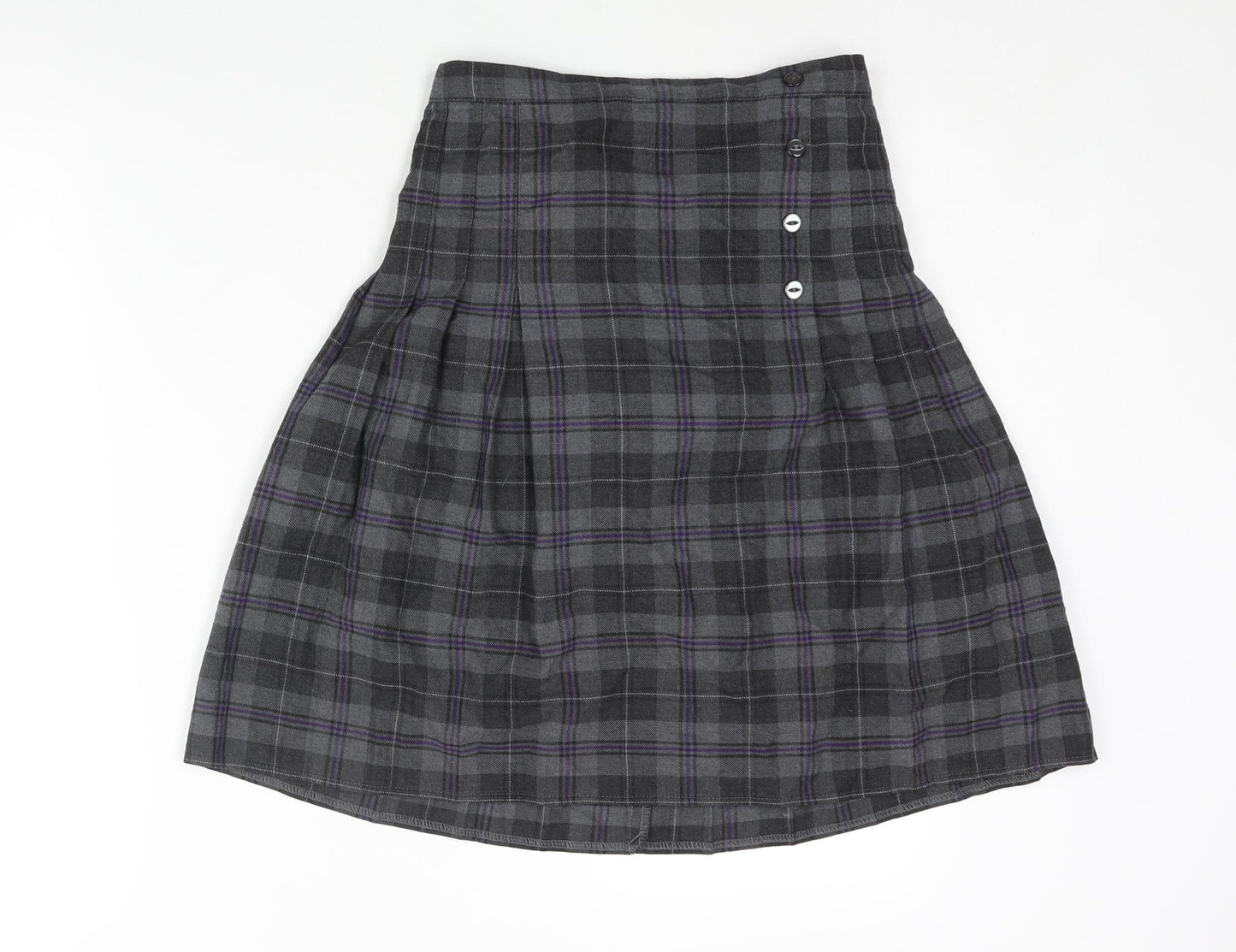 Stevensons Womens Grey Check Polyester Pleated Skirt Size 26 in Zip - Button Detail