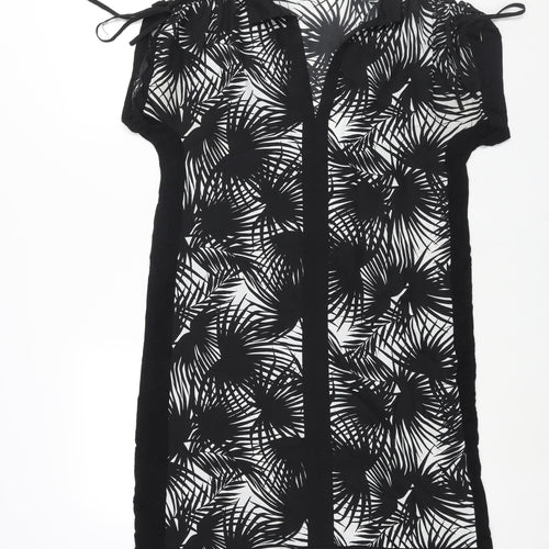 Oasis Womens Black Geometric Polyester Shift Size S Collared Pullover - Drawstring Sleeve