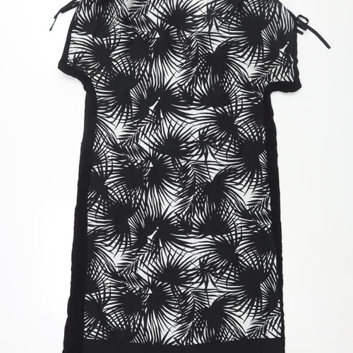 Oasis Womens Black Geometric Polyester Shift Size S Collared Pullover - Drawstring Sleeve