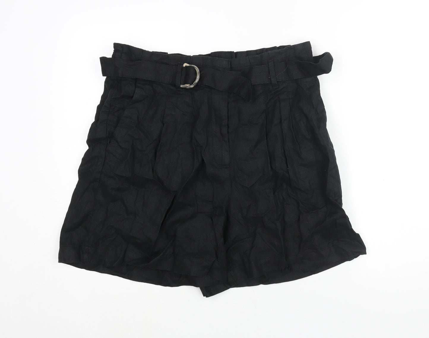 Marks and Spencer Womens Black Linen Basic Shorts Size 18 L5 in Regular Zip - Belted