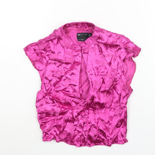 ASOS Womens Pink Floral Polyester Cropped Blouse Size 6 Mock Neck - Keyhole Neck Button Detail