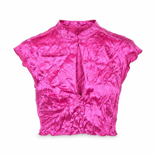 Front view of ASOS women’s pink floral polyester cropped blouse, size UK 6, mock neck - keyhole neck button detail