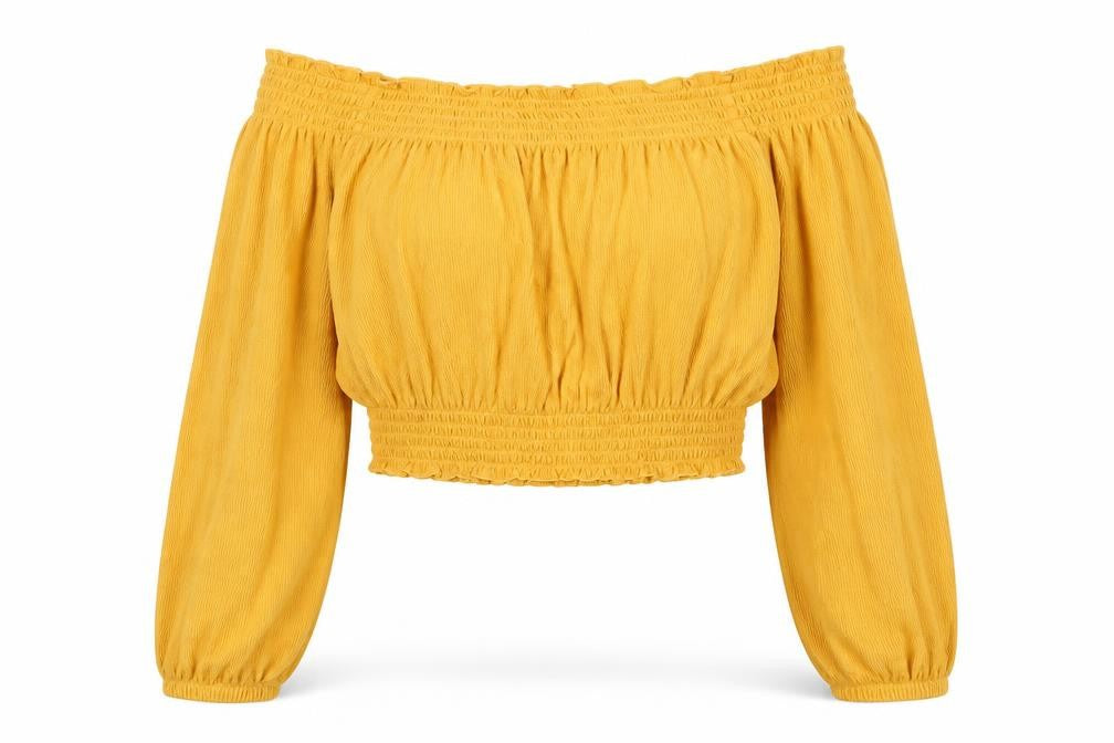 Front view of Divided by H&M women’s yellow polyester cropped blouse, size M, one shoulder