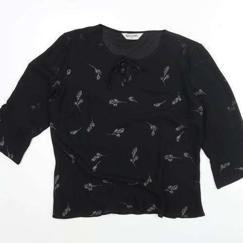 Reflections Womens Black Geometric Polyester Basic Blouse Size M Round Neck - Leaf Print Keyhole Neck