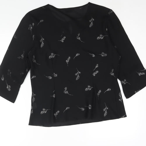 Reflections Womens Black Geometric Polyester Basic Blouse Size M Round Neck - Leaf Print Keyhole Neck