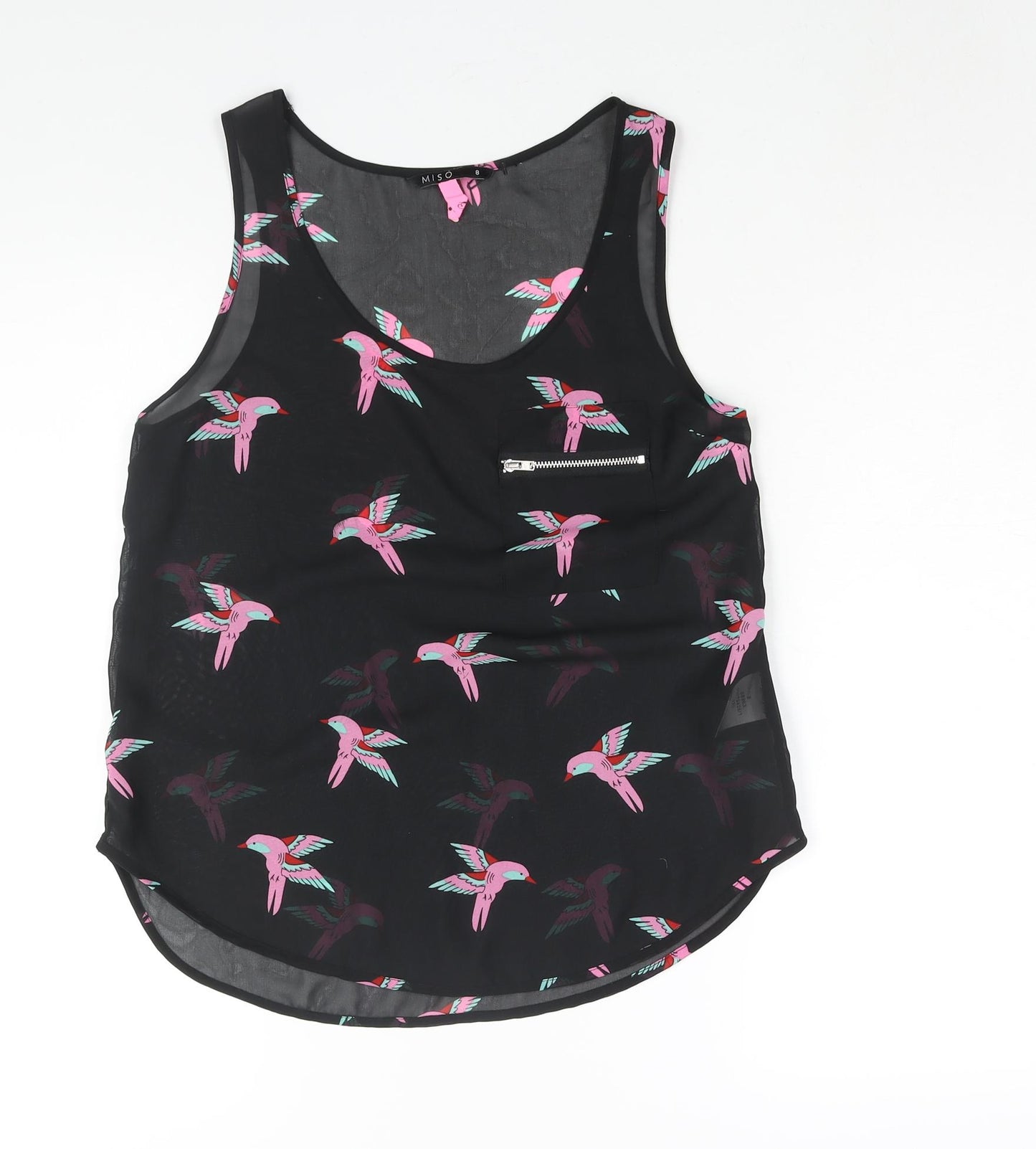 Miso Womens Black Geometric Polyester Camisole Blouse Size 8 Scoop Neck - Bird Print