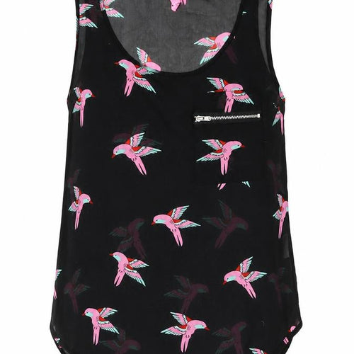 Miso Womens Black Geometric Polyester Camisole Blouse Size 8 Scoop Neck - Bird Print