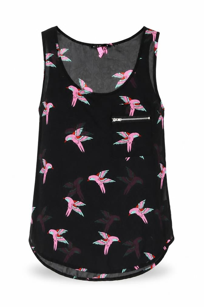 Miso Womens Black Geometric Polyester Camisole Blouse Size 8 Scoop Neck - Bird Print