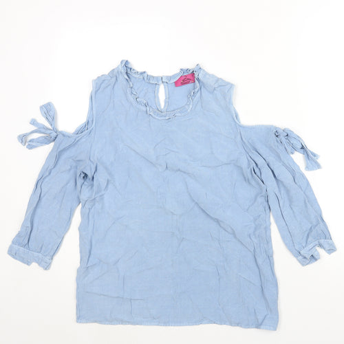 Lucky Charm Womens Blue Viscose Basic Blouse Size L Round Neck - Cold Shoulder Bow