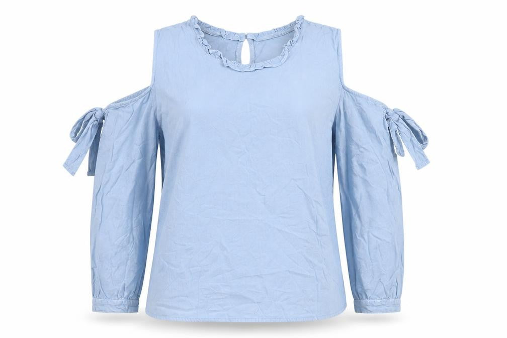 Front view of Lucky Charm women’s blue viscose basic blouse, size L, round neck - cold shoulder bow