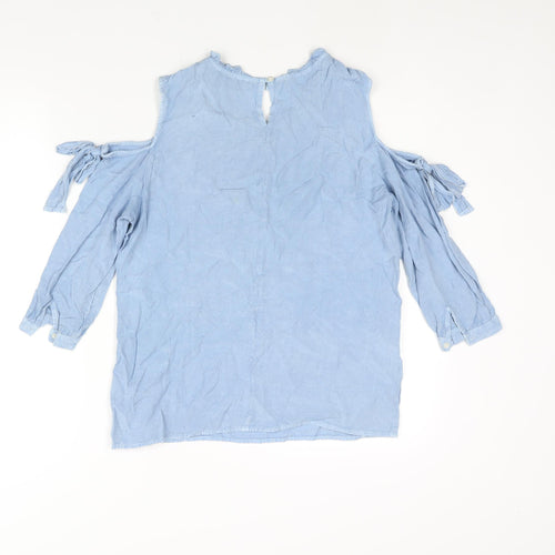 Lucky Charm Womens Blue Viscose Basic Blouse Size L Round Neck - Cold Shoulder Bow