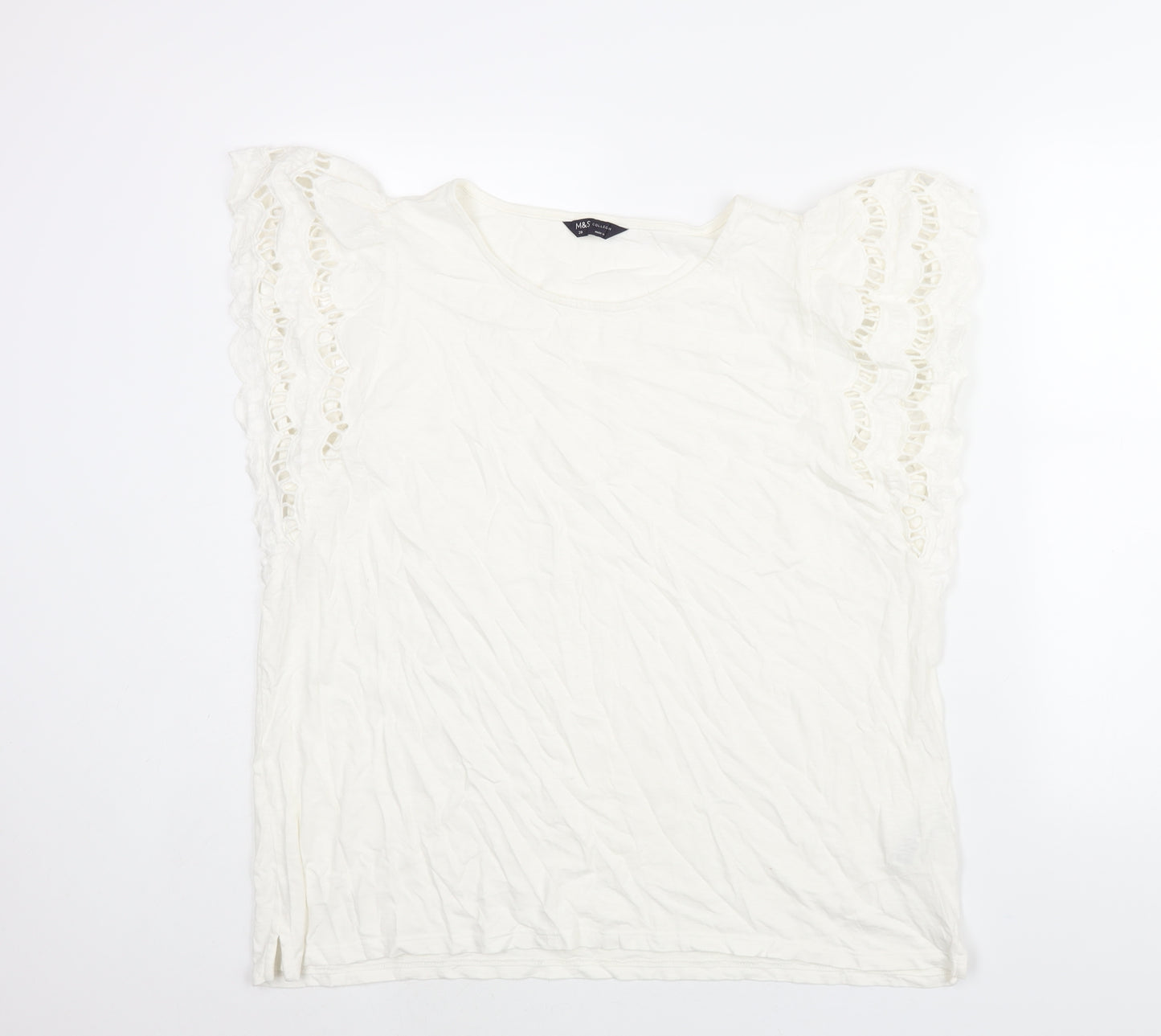 Marks and Spencer Womens White Cotton Basic Blouse Size 20 Round Neck - Frill Sleeve