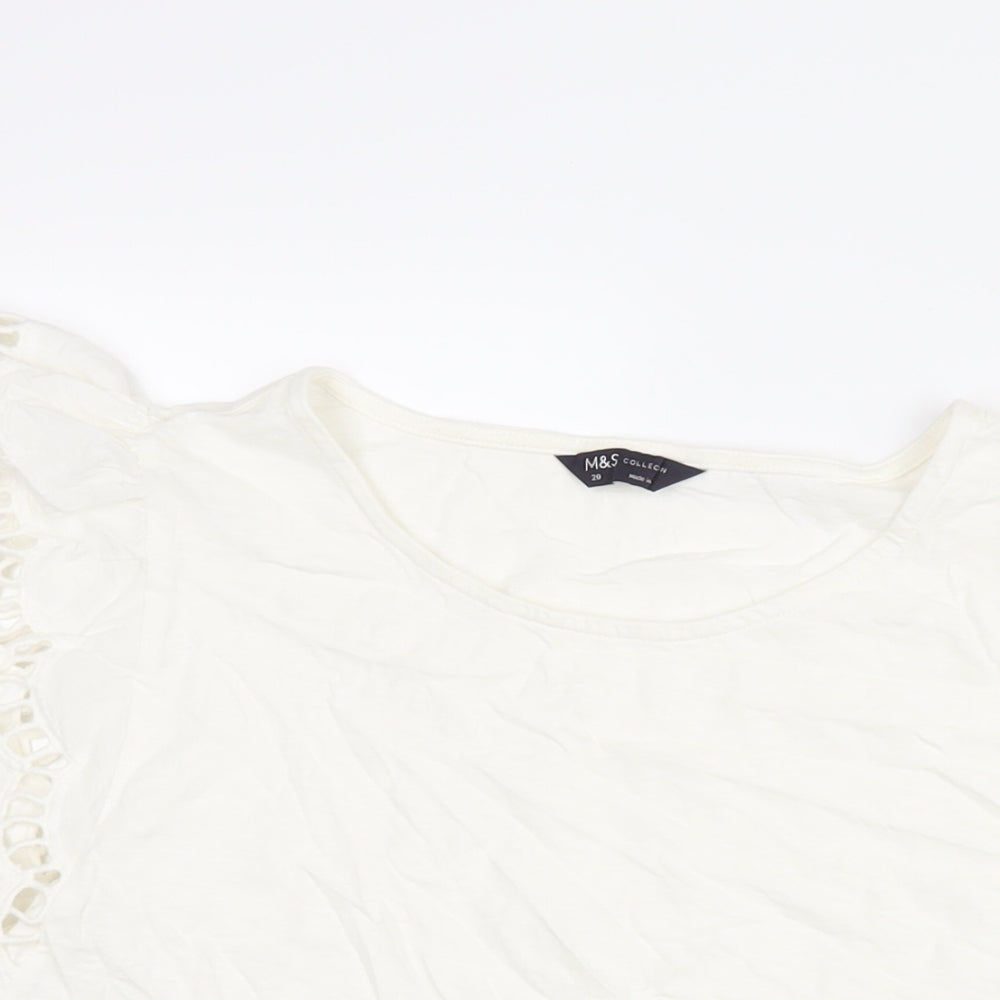Marks and Spencer Womens White Cotton Basic Blouse Size 20 Round Neck - Frill Sleeve
