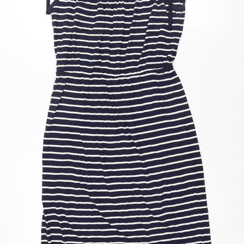 Warehouse Womens Blue Striped Viscose Shift Size 10 Scoop Neck Pullover - Bow