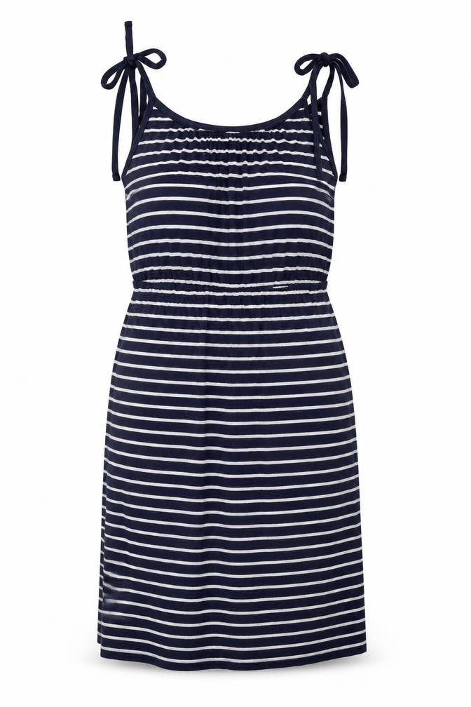 Front view of Warehouse women’s blue striped viscose shift, size UK 10, scoop neck pullover - bow