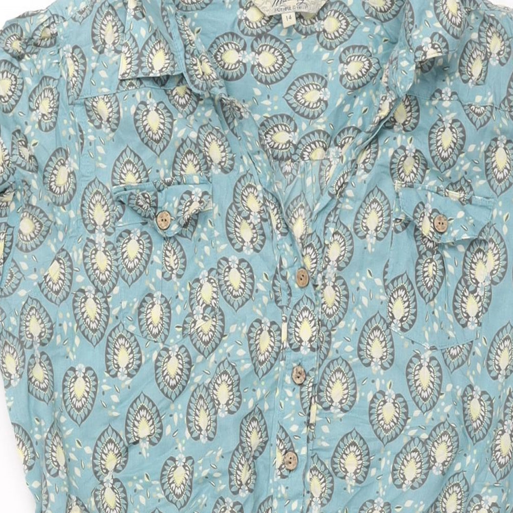 MANTARAY PRODUCTS Womens Blue Geometric Cotton Shift Size 14 Collared Button - Belted