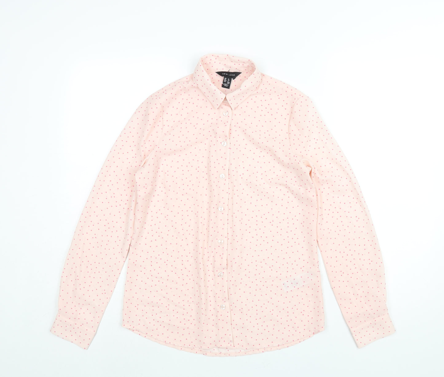 New Look Womens Pink Polka Dot Polyester Basic Blouse Size 6 Collared