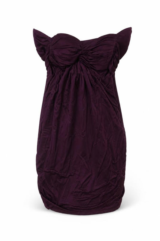 Front view of Warehouse women’s purple viscose mini, size UK 12, sweetheart pullover - tie detail