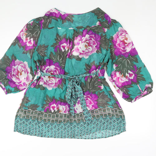 Monsoon Womens Multicoloured Floral Silk Basic Blouse Size 14 V-Neck - Belted Beaded Neckline