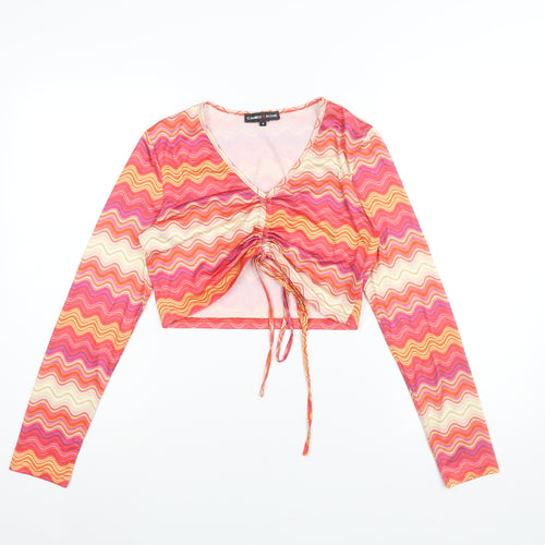 Cameo Rose Womens Multicoloured Geometric Polyester Cropped Blouse Size 8 V-Neck - Drawstring Detail