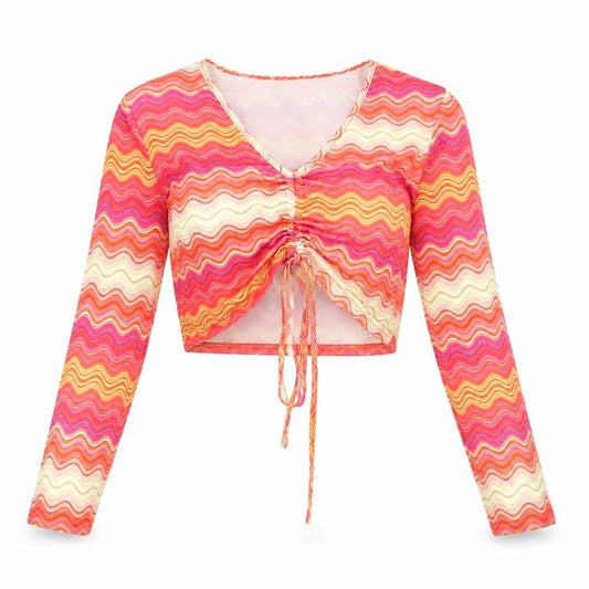 Front view of Cameo Rose women’s multicoloured geometric polyester cropped blouse, size UK 8, v-neck - drawstring detail